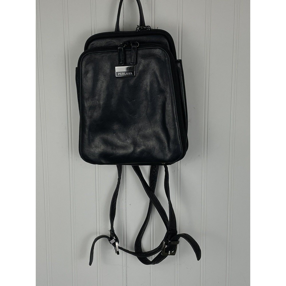 Perlina New York Womens Black Leather  Small Backpack Purse